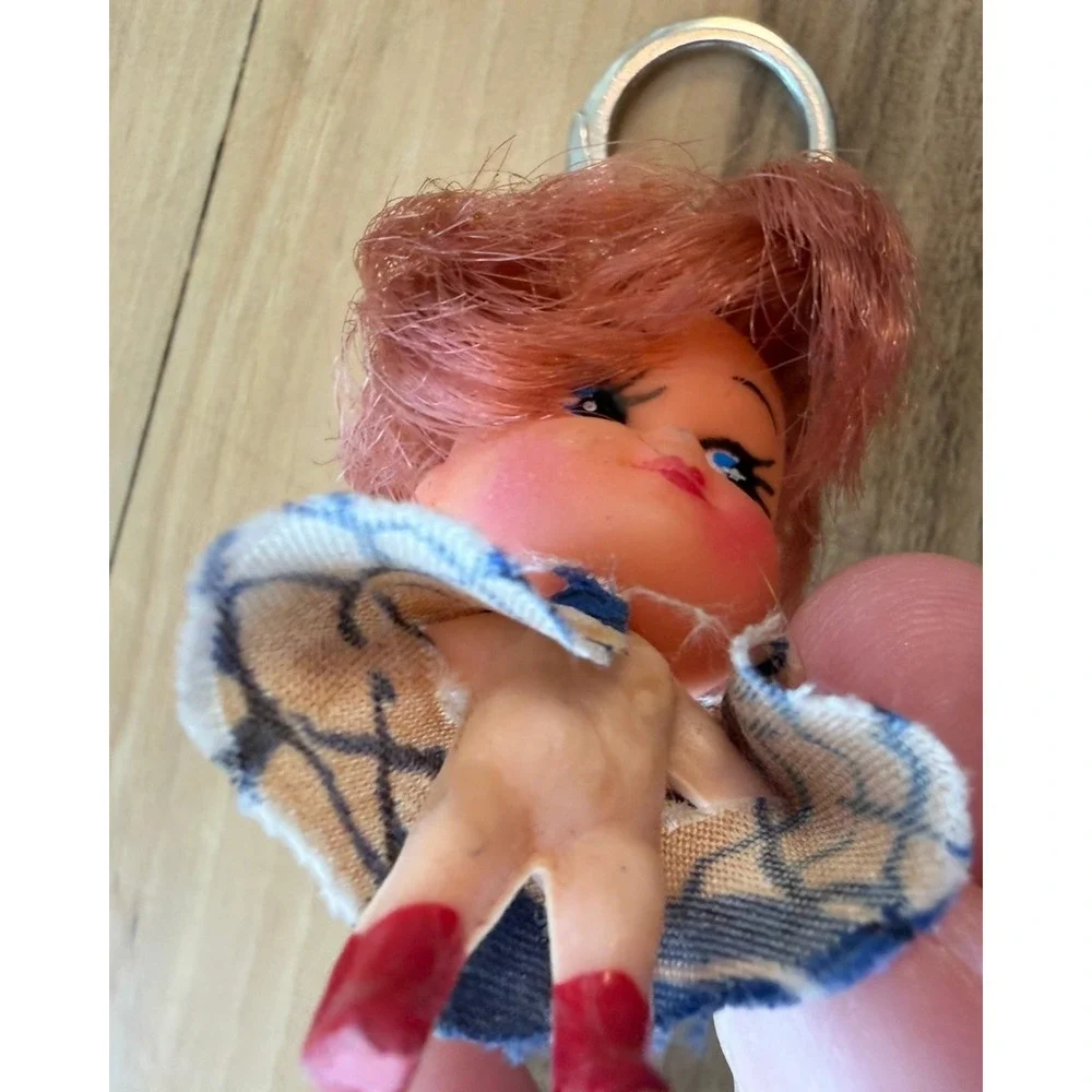 Vintage 1960s 70s Mini Doll Keychain Liddle Kiddle Style Pink Hair Red Boots